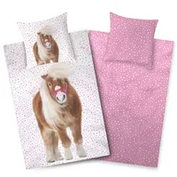 Aminata kids Bettwäsche Mädchen 135x200 Pferd - Baumwolle - Kinder-Bettwäsche mit Pferde-Motiv Islandpony - weiß rosa - Reißverschluss