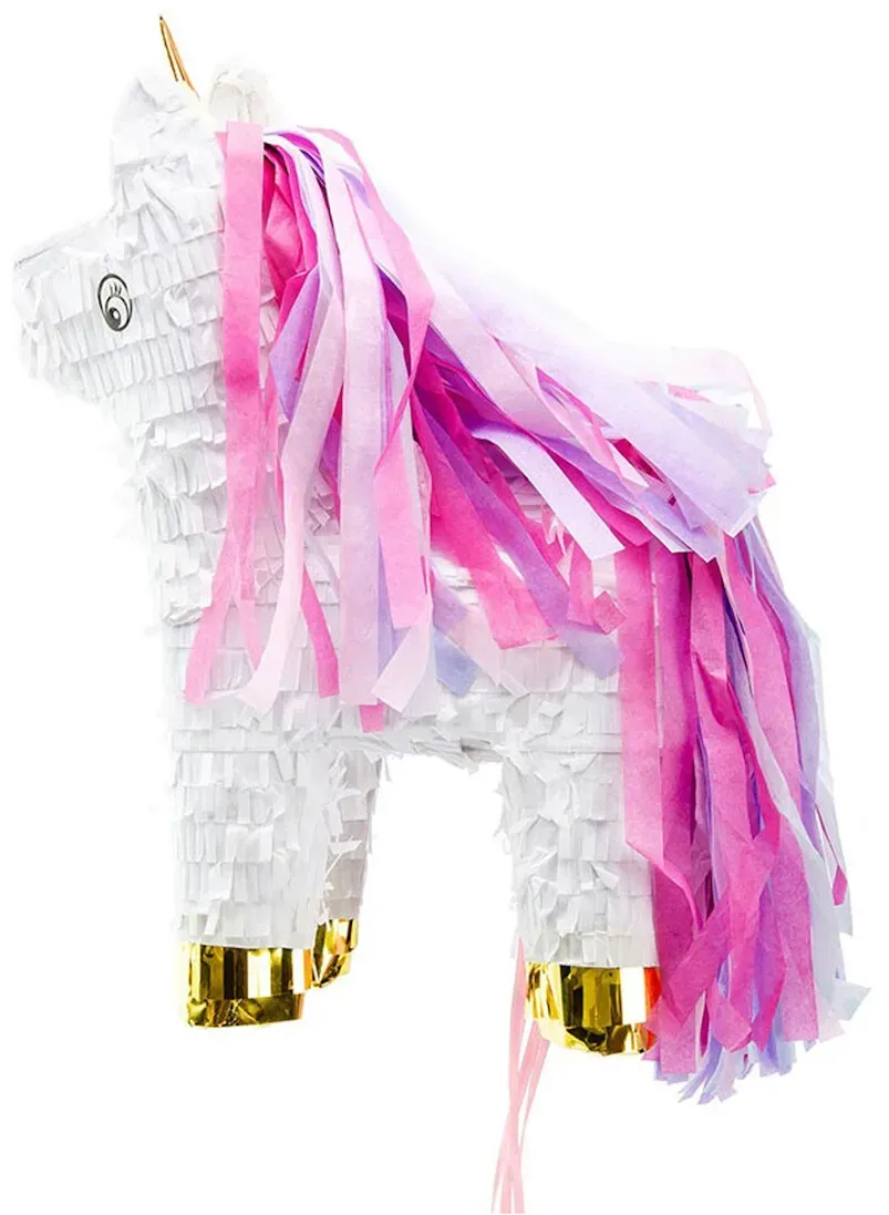 PartyDeco Piñata Einhorn 34x24x9cm Party Dekoration zum Befüllen Partyspiele Kindergeburtstag Mädchen Geburtstag Hochzeit Party Partydeko Partyzubehör Weiß Pink