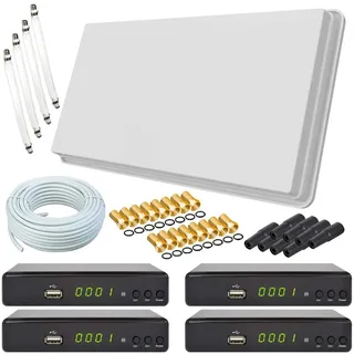 netshop 25 Selfsat H30D4+ Flachantenne Quad mit Fensterhalterung + 4 HD Receiver + 50m Kabel Anschluss Set (4 Fensterdurchführung + 16 F-Stecker + 8 Wetterschutztüllen) Anlage für 4 Teilnehmer