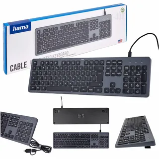 Hama kabelgebundene Tastatur CK-400 Schwarzgrau (polnische QWERTY-Layout, beleuchtete USB-Tastatur, AI-Taster, ergonomisch, geräuscharm, abnehmbares Kabel, Multimedia-Tasten)