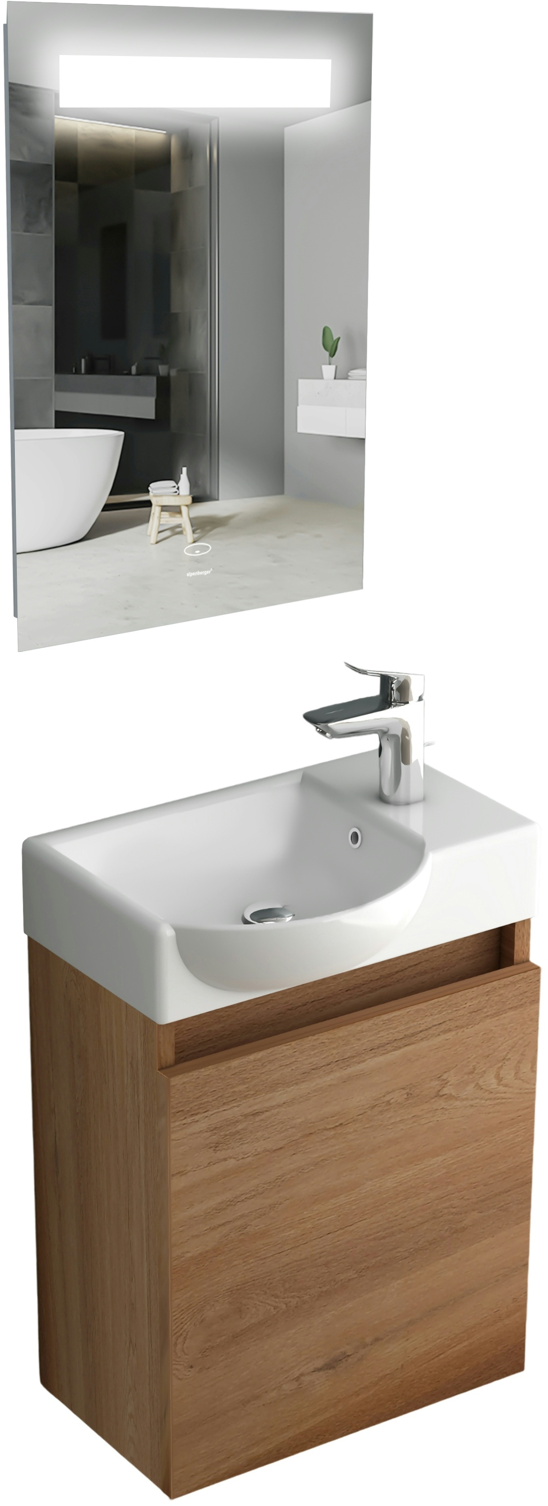 Alpenberger Badezimmermöbel Set | Waschbecken mit Unterschrank und LED Badspiegel | Gäste WC Waschbeckenunterschrank | Gäste WC Waschtisch Badmöbel