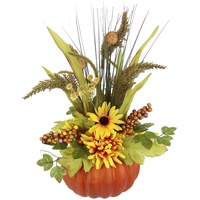 Flair Flower Arrangement mit künstlichen Blumen Dahlien Beeren Gräsern im Kürbis Kunstblumen Dekoblumen Herbstdeko Herbstblumen Seidenblumen Gesteck aus