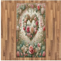 Teppich Flachgewebe Deko-Teppiche für das Wohn-,Schlaf-, und Essenszimmer, Abakuhaus, rechteckig, Blumiges Herz Zarter mittelalterlicher Garten grün|rosa 80 cm x 150 cm