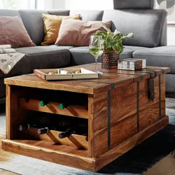 Kadima Design Handgefertigter Sheesham Massivholz Couchtisch mit Weinregal. 100x60x40 cm