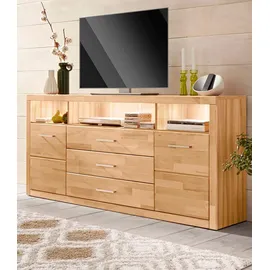 Home Affaire Sideboard HOME AFFAIRE "Ribe,180cm breit, Fronten Massivholz,7 Fächer", beige (kernbuche teilmassiv), B:180cm H:80cm T:35cm, Holz teilmassiv, Sideboards, Sideboard, Holz massiv, Holzwerkstoff, Metall Griffe,2Türen,3Schubladen