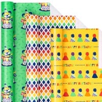 Holijolly Geburtstagsverpackung Papier Rolle Mini Rolle zum Geburtstag" Hund Kuchen/Hut/Regenbogen Plaid für Männer,Junge,Bruder,Father Geschenkverpackung bis 43.2cm X 3.05m,3 Rollen(42.5 sq.ft.ttl.)