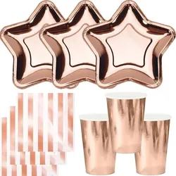 Roségold Einweggeschirr für 12 Personen Stern Teller, Becher, Servietten Party Deko Set