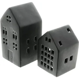 Dekoleidenschaft 2x Haus Black aus Porzellan, schwarz matt, mit LED-Beleuchtung, Leuchtdeko, Dekohaus, - Schwarz