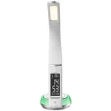 NORTHPOINT LED Schreibtischlampe Tischlampe Leder Optik drahtlose QI-Ladestation Wecker Dimmbar Warmweiß Kaltweiß Mood Beleuchtung Uhr Temperaturanzeige Weiß