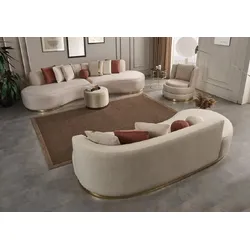 Casa Padrino Luxus Wohnzimmer Set Creme / Gold - 2 Luxus Sofas & 1 Luxus Drehsessel & 1 Luxus Hocker - Wohnzimmer Möbel - Luxus Möbel - Luxus Einrichtung - Wohnzimmer Einrichtung