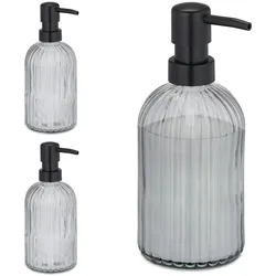 Relaxdays Glas Seifenspender, 3er Set, Pumpkopf, nachfüllbar, Badezimmer, Küche, Flüssigseifenspender, 400 ml, schwarz