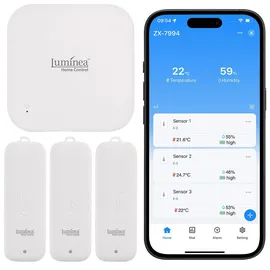 Luminea Home Control 3er-Set Temperatur- & Feuchtigkeitssensoren, WLAN-Gateway, App, IP65