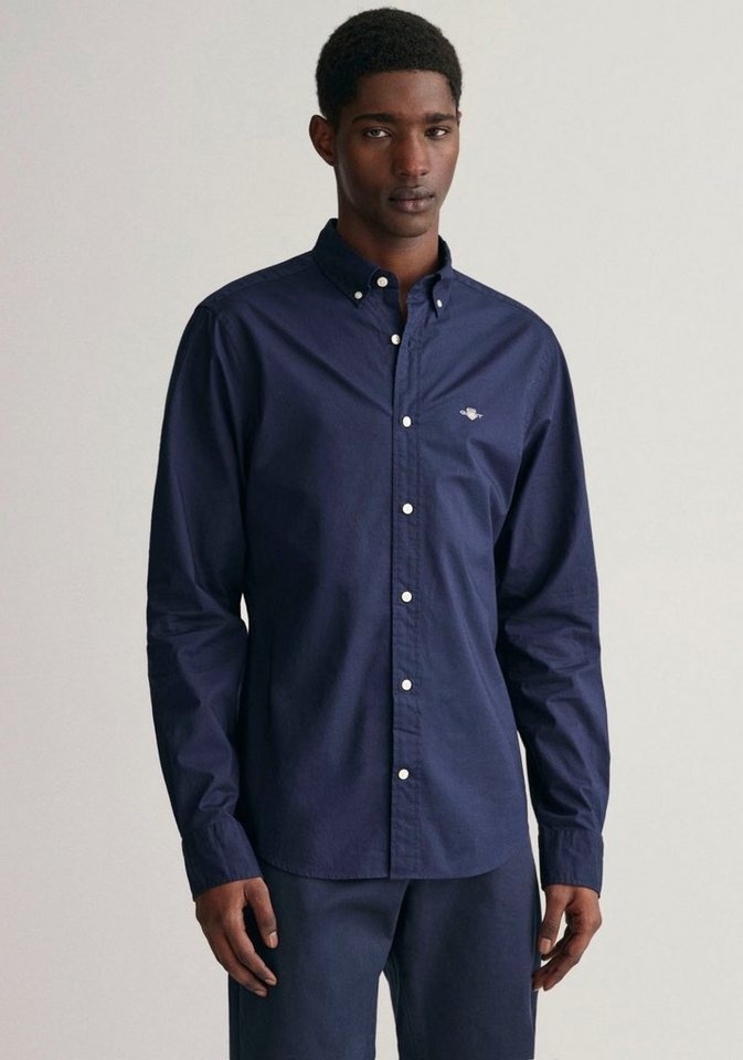 Gant Langarmhemd Slim Fit Popeline Hemd leichte Baumwolle strapazierfähig pflegeleicht mit klassischer Logostickerei auf der Brust blau L