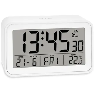 ADE Digitaler Funkwecker mit Licht | Wecker mit Temperaturanzeige und Kalender | kompakter Reisewecker | hübsches matt weißes Gehäuse | mit Batterie