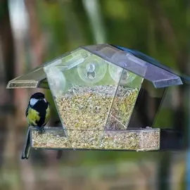 Dobar 11503 Fenster-Vogelfutterhaus - Futterstation aus Kunststoff - Wildvogelfutterspender mit Saugnäpfen - Futtersäule für Fenster - Futterhaus mit Futtertablet - 24 x 9,6 x 15 cm - Transparent