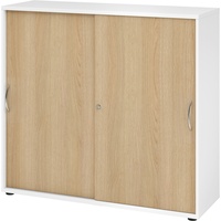 bümö Schiebetürenschrank "3OH" - Aktenschrank abschließbar, Sideboard Schrank mit Schiebetüren in Weiß/Eiche - Büroschrank aus Holz mit Schiebetür,