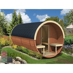 Finn Art Blockhaus Fasssauna Jori 5, 42 mm, Schindeln grün, Outdoor Gartensauna, ohne Ofen mit Vorraum, Bausatz grün