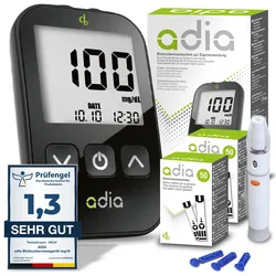 adia Blutzuckermessgerät (mg) mit 110 Blutzuckerteststreifen, 10 Lanzetten, 1 Stechhilfe, 1 Etui