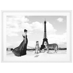 Casa Padrino Luxus Bild Dame mit Geparden in Paris Mehrfarbig  / Weiß 115 x H. 85 cm - Kunstdruck mit Holzrahmen