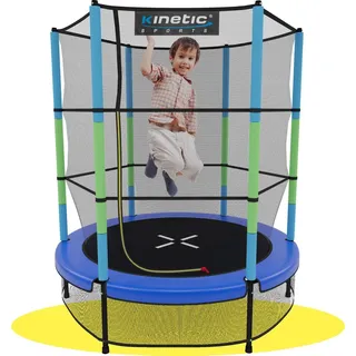 Kinetic Sports Kinder Trampolin JUMPER 140 cm - Gummiseil Federung, Sicherheitsnetz mit Reißverschluss, Rahmenpolster, Schutz Bodennetz - Indoor Kindertrampolin Spielzeug Blau