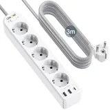 LENCENT 5 Fach Steckdosenleiste 8 in 1 Mehrfachsteckdosen Steckerleiste 4000W mit 1 Typ-C&2 USB-A Anschlüßse, USB Mehrfachstecker 16A mit 3 Meter Geflochtenem Kabel für Steckdose Wandsteckdose, Weiß