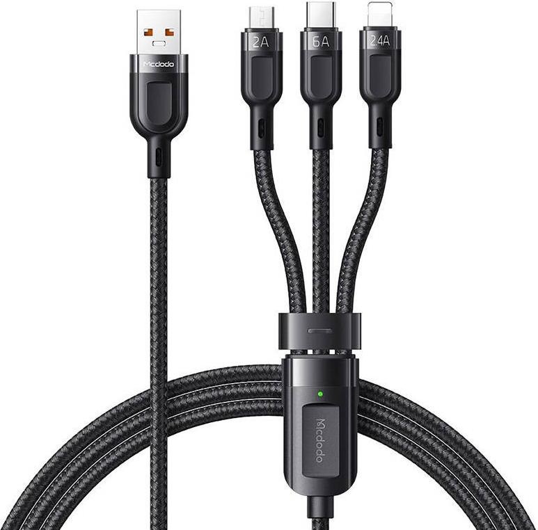 Mcdodo 3in1 USB to USB-C / Lightning / Micro USB Cable, CA-0930, 6A, 1.2m (Black) (1.20 m, USB 3.0), USB Kabel