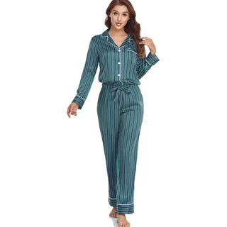 Serenedelicacy Damen-Pyjama aus seidigem Satin, langärmlig, PJ Set - Grün - Medium / 8-10 US - Medium / 8-10 US
