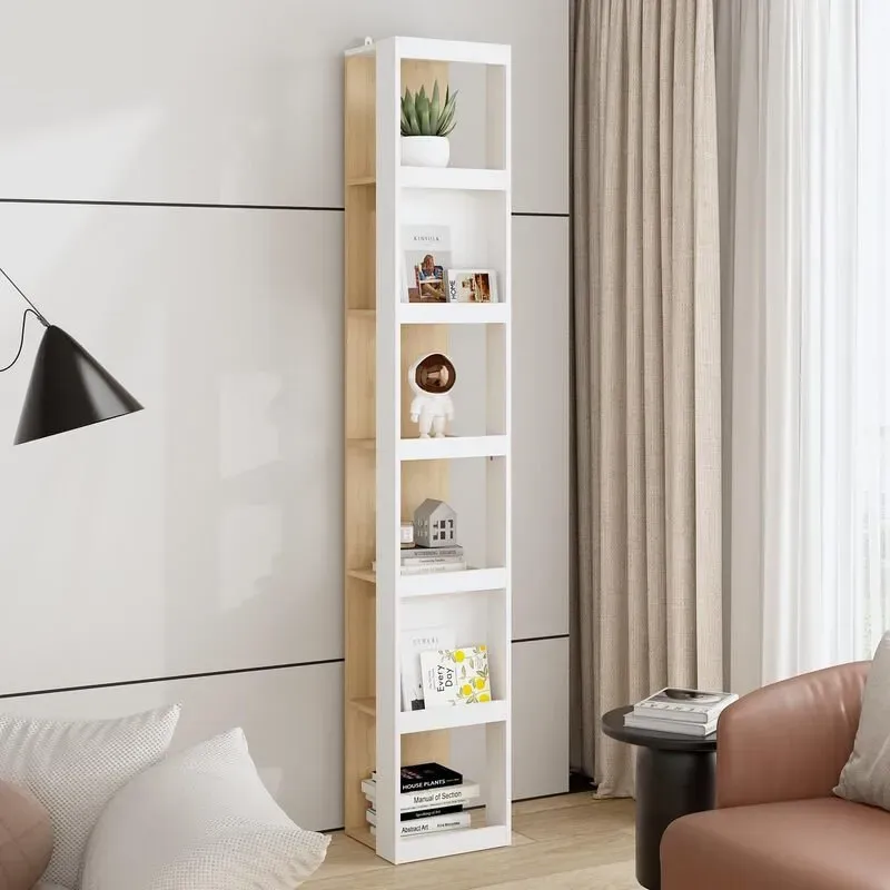 Caldion 6-stufiges Regal, hohes Badezimmerregal, Badezimmerregal, Bücherregal, Küchenregal, für Badezimmer, Küche, Wohnzimmer, weiß + holzfarben, MDF, 33 x 30 x 200 cm