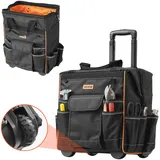 Vevor Werkzeugtasche mit Rollen, 50 kg Tragkraft, 25 Taschen, Arbeitsrucksack, verstellbarer Teleskopgriff & stabiler Standfuß, Werkzeugtaschen-Organizer für Bau, Mechanik, 390x290x420 mm