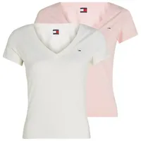 Tommy Hilfiger Tommy Jeans Damen 2er Pack T-Shirts Kurzarm mit V-Ausschnitt, Mehrfarbig (Ecru/Precious Pink), XS - XS