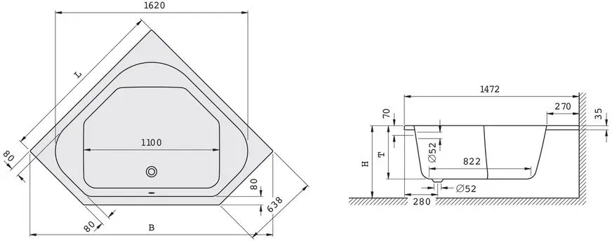 Koralle Badewanne T200 145-Eck Acryl Eckwanne 1450x2041x450 weiß Überlauf vorn VL129145145201