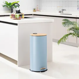 Echtwerk Tretabfalleimer Skandi Look, Abfalleimer, Mülleimer, robuster Eisenkorpus mit Bambusdeckel, Soft Close Funktion, Maritim, Fassungsvermögen 30 Liter