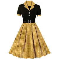 Frauen Vintage Kleid Damen 50er 60er A Linie Rockabilly Kleider Damen Cocktail Party Swing Kostüm Kleider Damen Hausfrau Plissee Kleid 1950er Jahre Polka Dot Kleid Gürtel Freizeitkleid, gelb, Medium - M