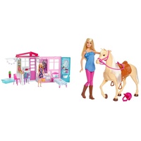 Barbie GWY84 - Ferienhaus mit Puppe, Möbeln und Pool, ca. 46 cm hoch, ab 3 Jahren & FXH13 - Pferd mit Mähne und Puppe mit beweglichen Knien, Puppen Spielzeug und Puppenzubehör, ab 3 Jahren