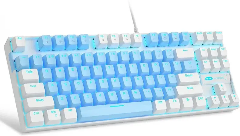 MageGee MK-Star 75 % kabelgebundene mechanische Gaming-Tastatur, US-QWERTY-Layout, Blue Switch, blaue LED-Hintergrundbeleuchtung, 87 Tasten, kompakte Tenkeyless-Tastatur, kabelgebundene Tastaturen für Windows, Laptop, PC-Gamer – Blau/Weiß