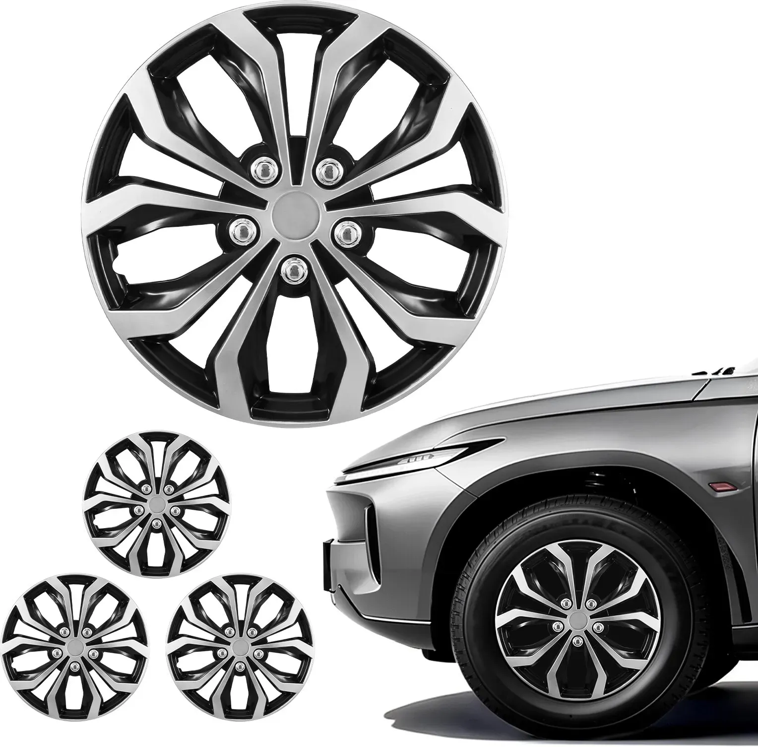 VEVOR 4x Universale Radkappen 16 Zoll, Radzierblenden Set aus ABS Kunststoff, Verstellbare Radblenden mit 10 Speichen & Snap-On-Montage Design, R16 Radabdeckungen für Deko & Daubschutz, Silber/Schwarz