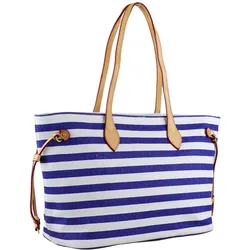 Schultertasche "Bademeister", Damen, Gr. B/H/T: 45cm x 27cm x 15cm one size, blau, Baumwolle, COLLEZIONE ALESSANDRO, Taschen, mit echt Leder Henkeln