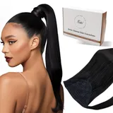 Hetto Ponytail Extension Echthaar Schwarz 30cm 70g - Sofortiger Langer Zopf, Einfache Klett & Kamm Befestigung, Ideal für Schnelles Umstyling, Sport, Arbeit oder Alltag