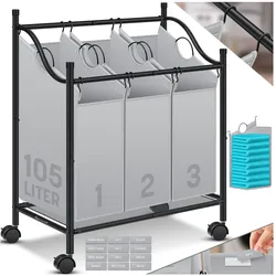 KESSER® Wäschekorb Wäschesammler Wäschesortierer mit abnehmbaren Stofftaschen   Wäschebox mit 12 Waschhinweisen 360° Rollen mit Bremse Wäsche-Sortiersystem Wäschewagen