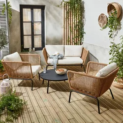 Niedrige Gartenmöbel, geflochtenes Harz in Rattanoptik, beige Kissen, 4 Sitzplätze