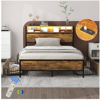 OKWISH Metallbett Doppelbett mit Lattenrost und Kopfteil, LED-Bett mit USB-Ladeanschluss (140*200cm, mit 4 Schubladen für Erwachsene und Junioren, Staufunktion), ohne Matratze braun