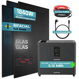 sunniva Balkonkraftwerk Full Black Bifazial 1840 W inkl. 5,12 kWh Speicher + 4 x 460 W N-Typ Glas-Glas Bifacial Module