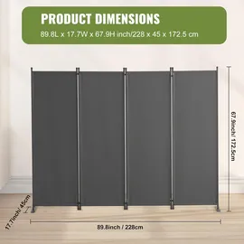 Vevor Raumteiler Trennwand 4-teiliger Paravent Stellwand, faltbarer Sichtschutz für Büro Schlafzimmer Esszimmer Arbeitszimmer Balkon, Raumtrenner freistehend (56 x 45 x 172,5 cm), Grau