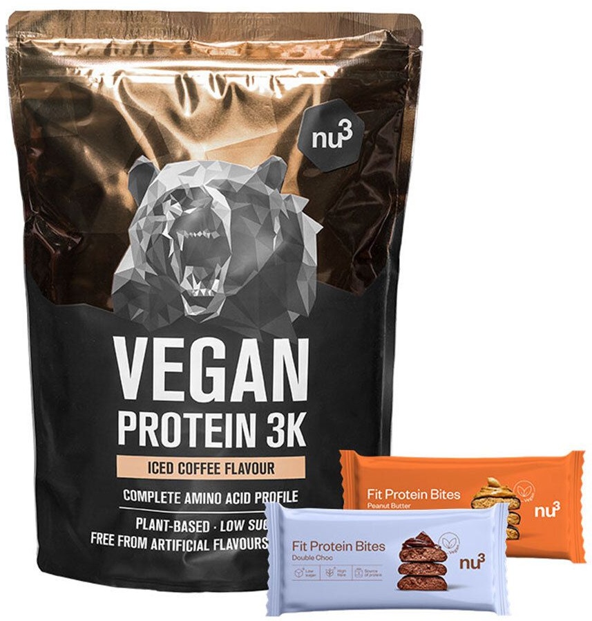 nu3 Vegan Protein 3K Shake, Iced Coffee + Fit Protein Bites Peanut Butter + Fit Protein Bites Double-Choc 1 pc(s) set(s)