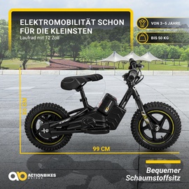Actionbikes Motors Elektro-Laufrad, 12 Zoll, Kinder-Balance-Bike m. 250 Watt, Scheibenbremsen, 3 Geschwindigkeitsstufen (Gelb)