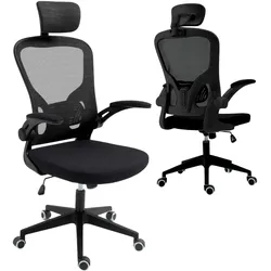 ZIK Büro-Drehstuhl Ergonomischer Drehstuhl mit Lendenwirbelstütze, Armlehnen und Kopfstütze - Schwarz.