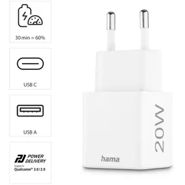 Hama Schnellladegerät, 1x USB-C 1x USB-A Mini-Ladegerät PD, 20 W weiß