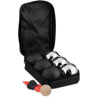 Relaxdays Boule, 6 Metall-Kugeln, Set mit Zielkugel & Abstandsmesser, Tragetasche, Boccia Spiel, schwarz/Silber