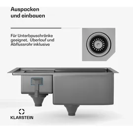 Klarstein – 1,5 Becken mit Ablage, Robuster 304 Edelstahl, Kratz- & Hitzebeständig, Leicht zu Reinigen, Inkl. Überlauf - Einbausatz... - Grau