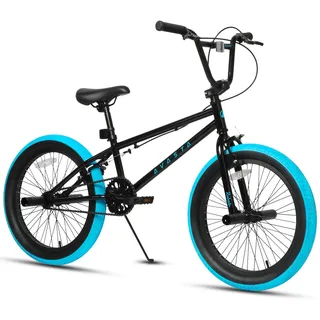 AVASTA 20 Zoll Freestyle BMX Fahrrad für Kinder & Jugendliche von 6 7 8 9 10 11 12 13 14 Jahren, Jungen & Mädchen, Anfänger, mit 4 Pegs, Schwarz mit blauen Reifen